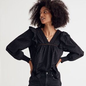 Madewell Voile Ruffled Pintuck L/S Cotton Top Black Polka Dot Print Size M NWOT